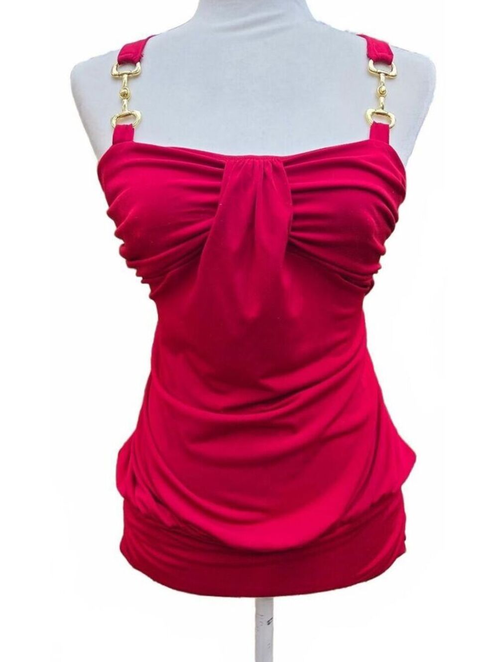 Vintage Y2K La Belle Red Gold Horsebit Hardware Bubble Hem Mini Dress Medium